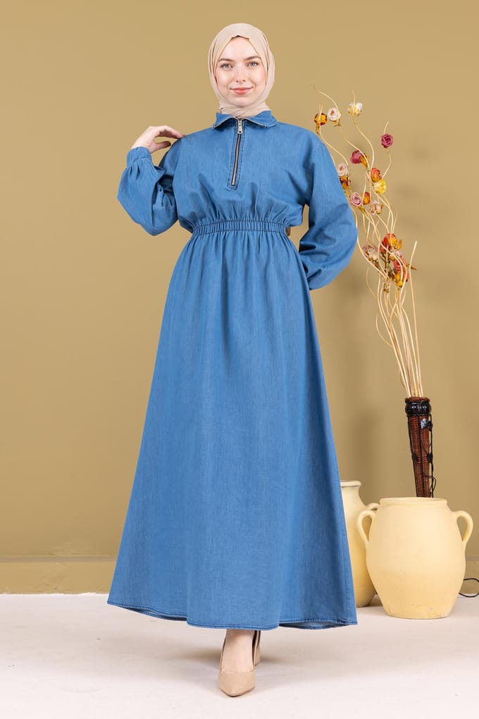 Met rits Elastische taille Denim Jurk Lichtblauw