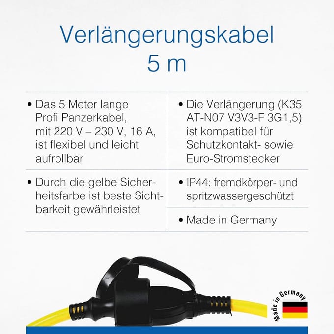 Stekkerkabel Verlengkabel 5 meter IP44 Zwaar Gebruik Schuko Euro Stekker Geel