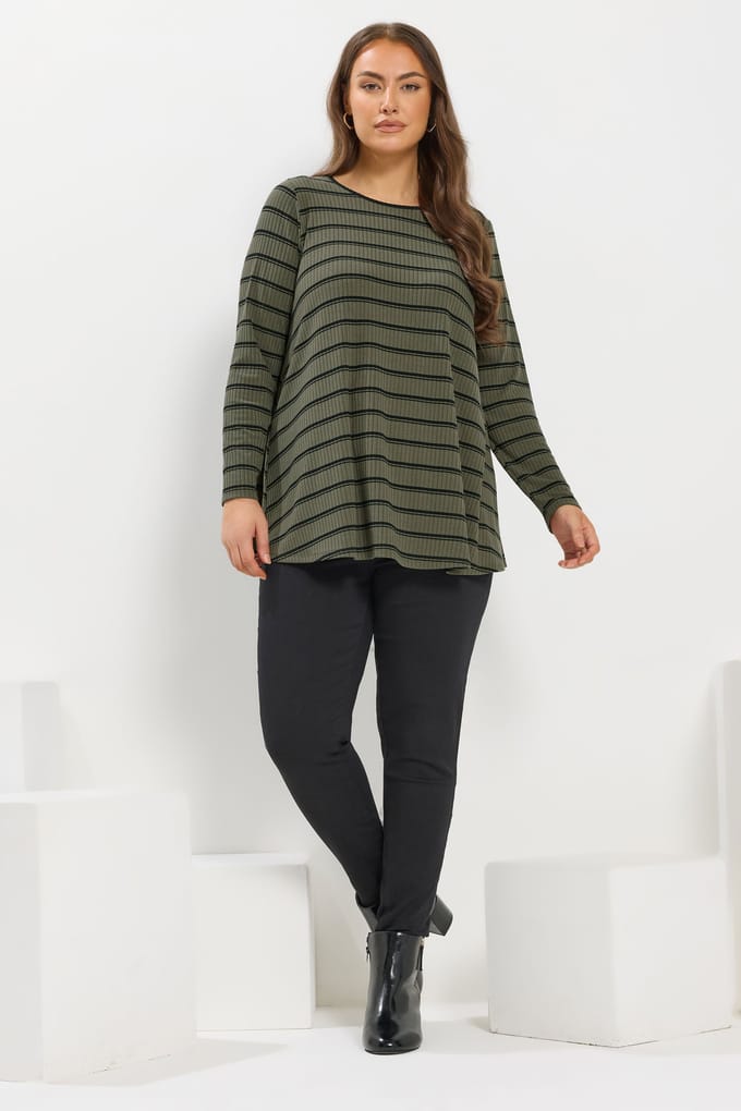 Yours Khaki Groene Gestreepte Geribbelde Swing Top Size 44
