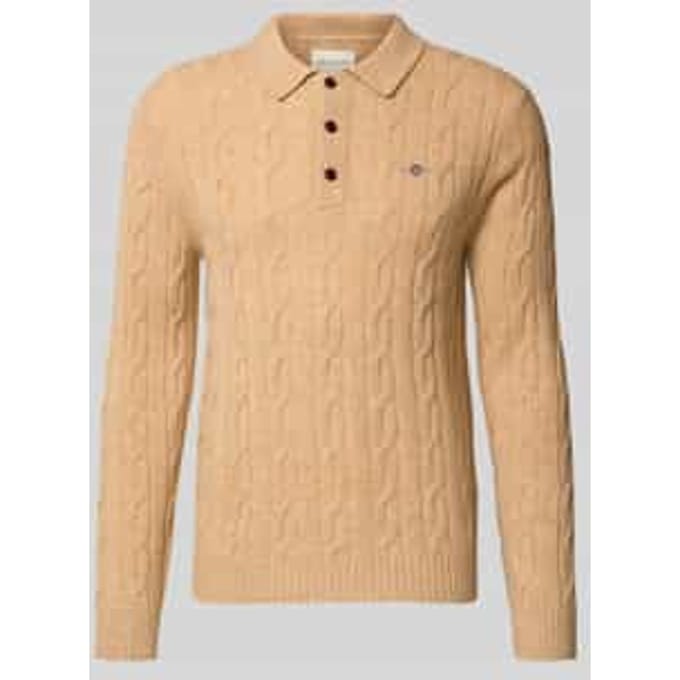 Gant Trui Lambswool Cable Polo Collar Pullover Khaki Melange / male