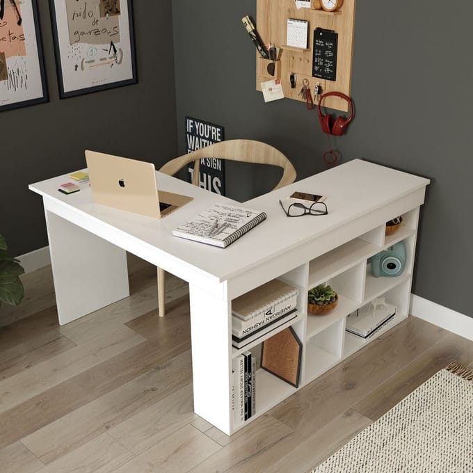 Vente-unique Hoekbureau met opbergruimte - Kleur: Wit - LILEUL