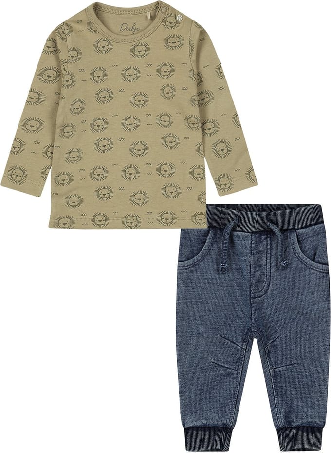 Dirkje - Basic Collection - BIO COTTON - Joggingbroek Blauw - Shirt Mosgroen met leeuwtjes - Maat 80