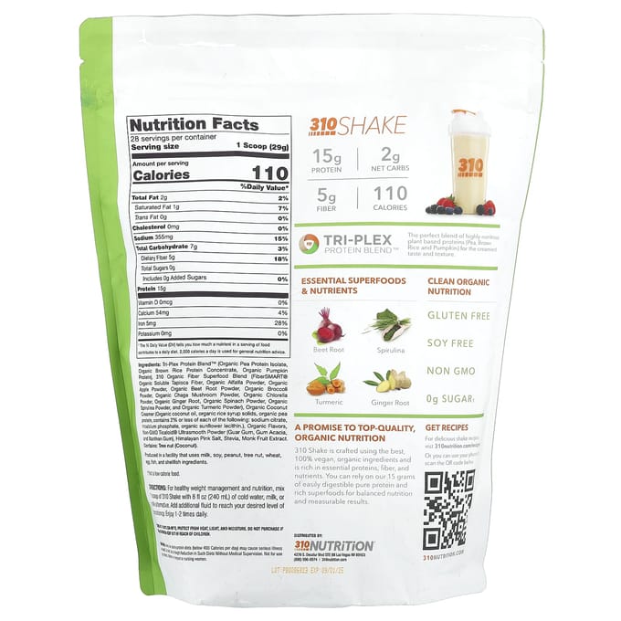 310 Nutrition, Shake de remplacement de repas, Vanille, 28,6 oz (812 grammes)