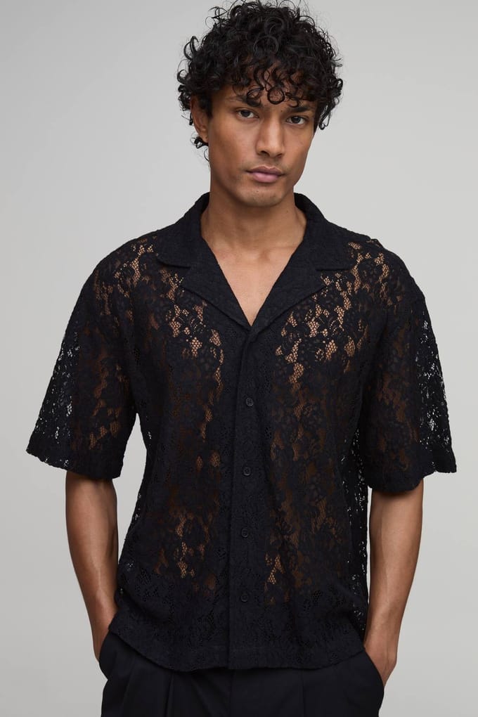 Oversized Boxy Revere Overhemd Met Korte Mouwen En Kant | Black | Size XL