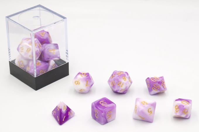 HOT Games dobbelstenen set paars-wit 7 stuks kunststof brick.