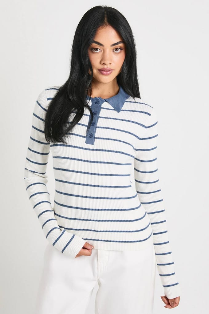 boohoo Dames Fijngebreide Top met Gestreepte Kraag | Blue | Maat: Medium