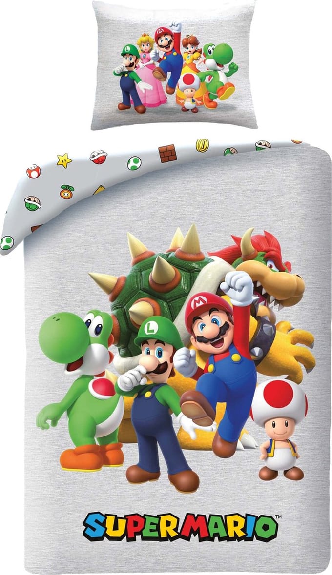 Super Mario Dekbedovertrek Grijs - Polyester - 140 x 200 cm 70 x 90 cm