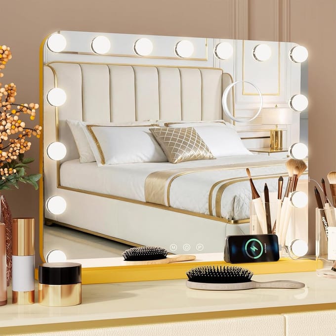 Hollywood spiegel - Make-up spiegel - Perfecte Make-up - Verstelbaar Licht - 50 x 40 cm - Goud