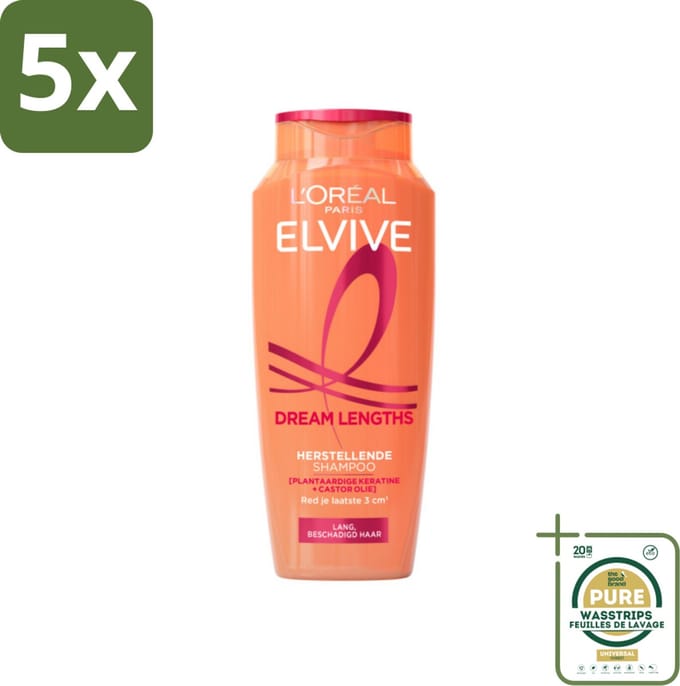 5 x L'Oréal Elvive Dream Lengths Shampoo 250 ml - Grootverpakking - Lang Haar - Beschadigd Haar - Herstel Shampoo - Keratine Shampoo - Castorolie Shampoo