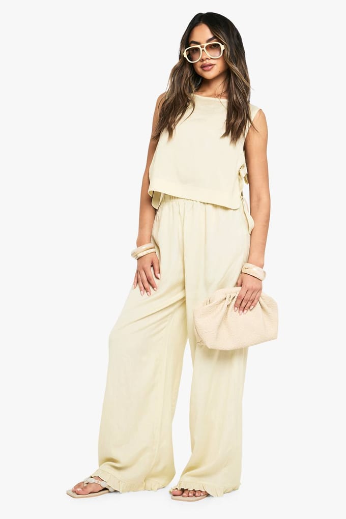 boohoo Dames Tie Side Linnen Top & Wijde Pantalon Co-ord | Steen | Maat: 42