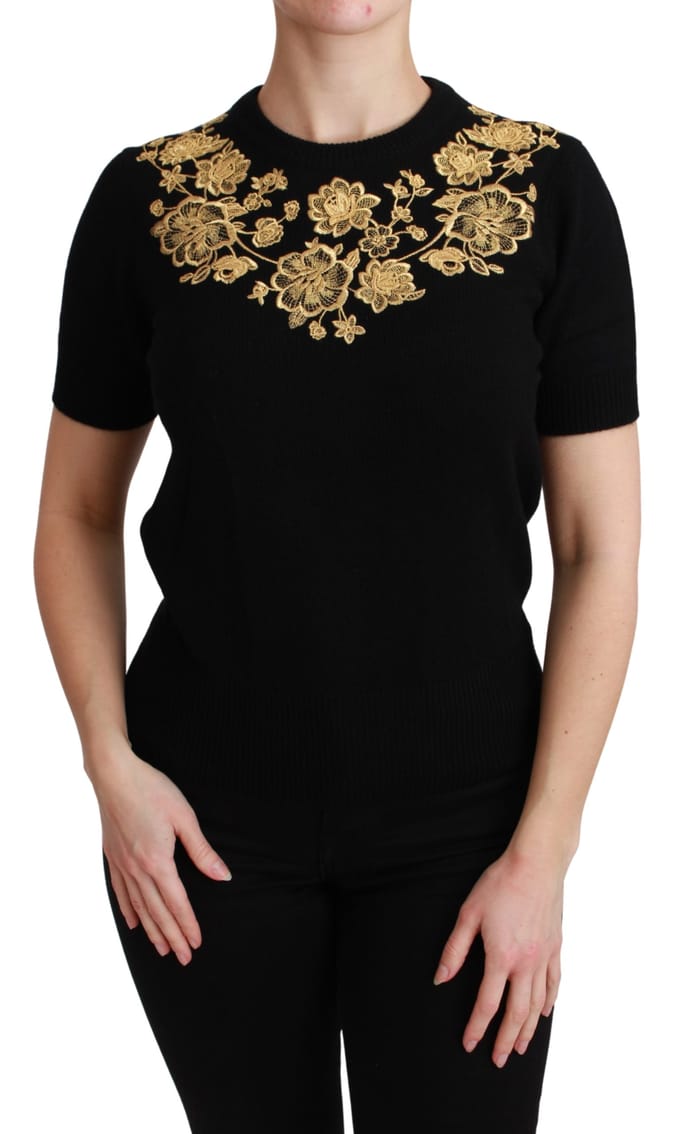 Dolce & Gabbana Zwarte Kasjmier Gouden Bloemen Trui Top