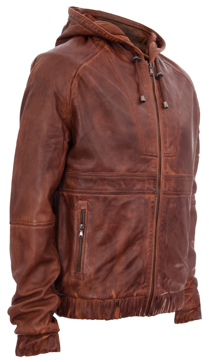 Leren bomber-bikerjack met rits en capuchon