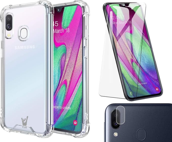 Hoesje geschikt voor Samsung A40 - Transparant + Screen Protector + Camera Protector