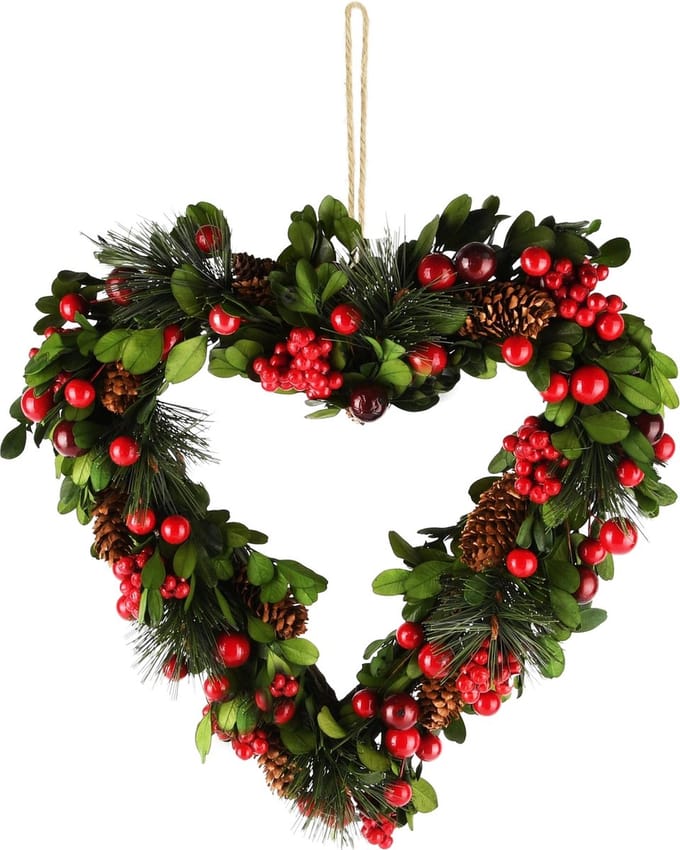 Dekoratief | Hanger hart m/besjes/dennenappels, groen/rood, 29x7x30cm | A245531