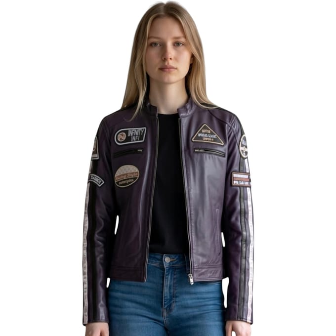 Dames Biker Racing Badges Paarse Leren Jas-Incheon