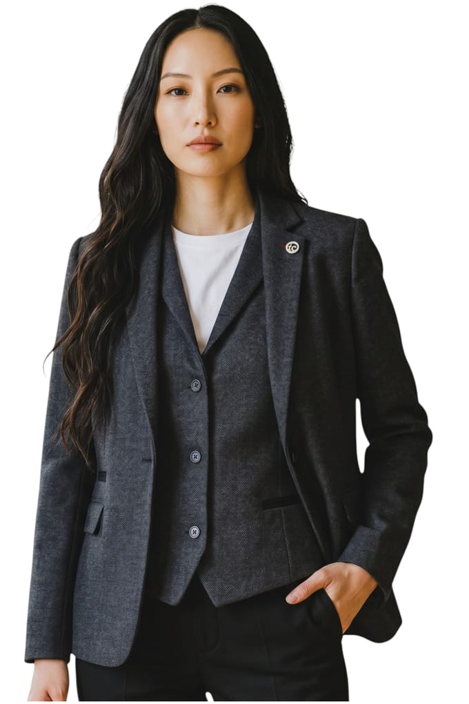 Dames zwarte visgraat wollen tweed blazer vest 2-delig set - WS-1