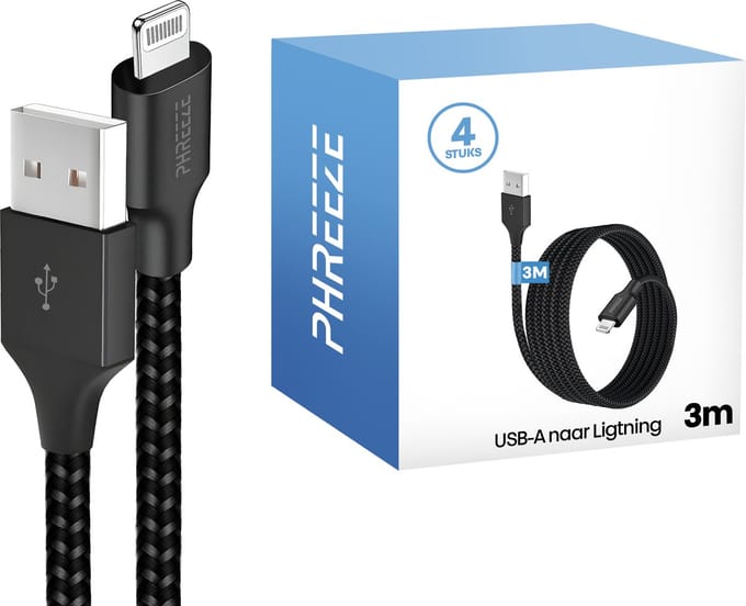 4x oplaadsnoer geschikt voor iPhone met Lightning naar usb - Oplaadkabel - 3 meter - Stevig