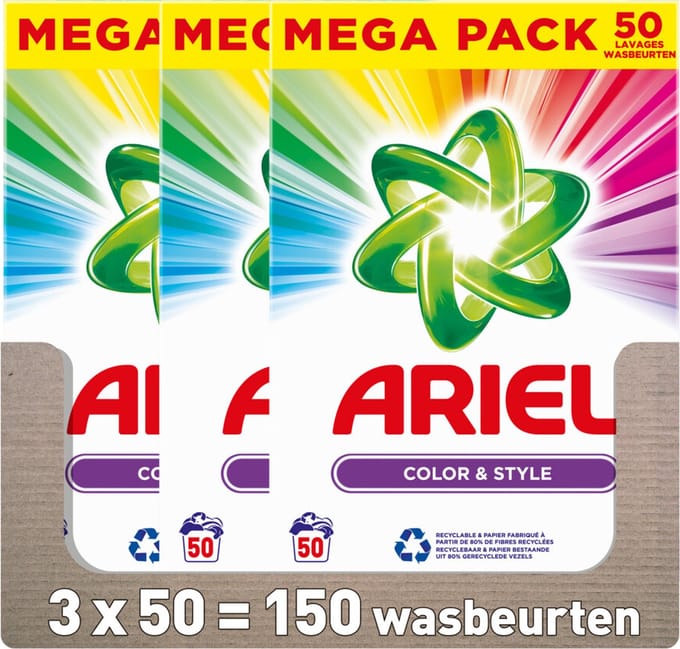 3x Ariel Waspoeder Kleur 50 wasbeurten 3 kg