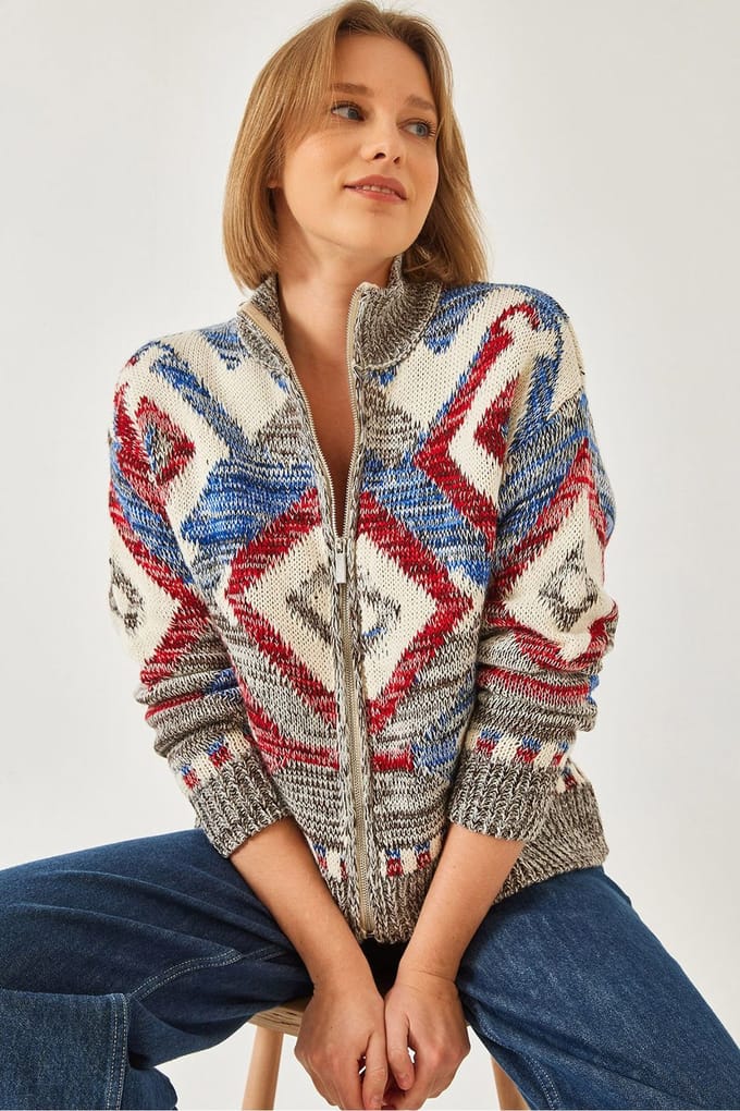 Geometrisch Patroon Ritskraag Cardigan