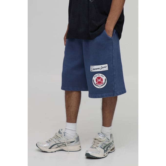 Baggy Fit Gewassen Varsity Jersey Short | Navy | Size Medium