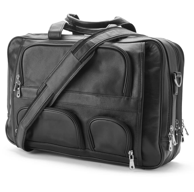 Zwarte Leren Multifunctionele Laptop Schoudertas