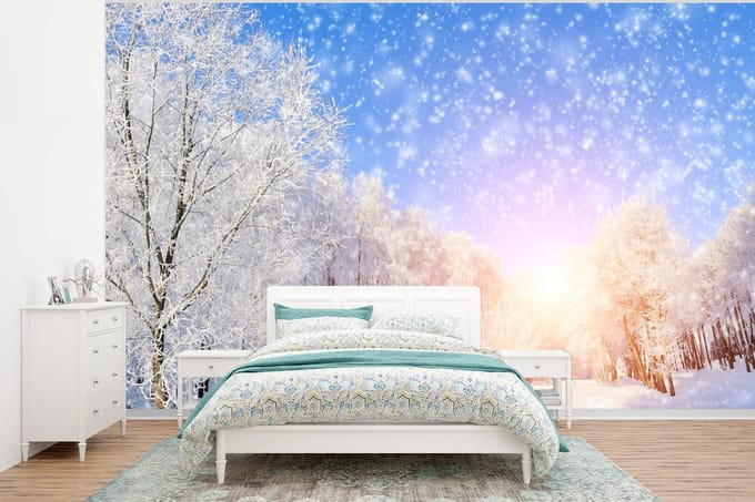 Behang - Fotobehang Sneeuw - Zon - Winter - Breedte 295 cm x hoogte 220 cm