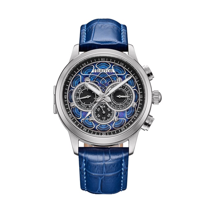Heritor Automatic Apostle horloge met leren band en dag-/datumfunctie - zilver/blauw
