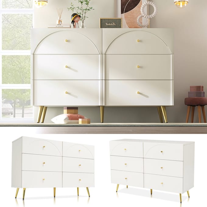 Ladenkast - H85xB120xD40 cm - 6 Laden Sideboard - Voor Slaapkamer & Woonkamer - MDF - Crème-Wit