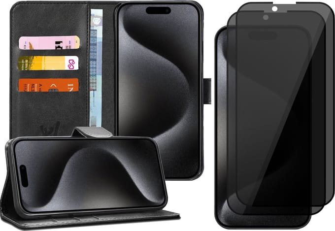 Hoesje geschikt voor iPhone 15 Pro Max - 2x Privacy Screen Protector FullGuard - Book Case Kunstleer Pasjeshouder Zwart & Screenprotector