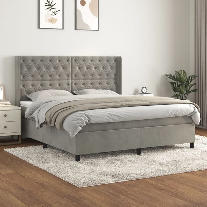 vidaXL - Boxspring - met - matras - fluweel - lichtgrijs - 160x200 - cm
