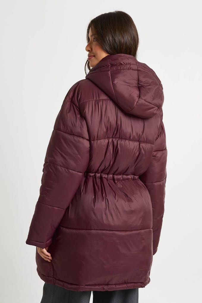 boohoo Dames Capuchon pufferjack met ingesnoerde taille | Chocolate | Maat: 12