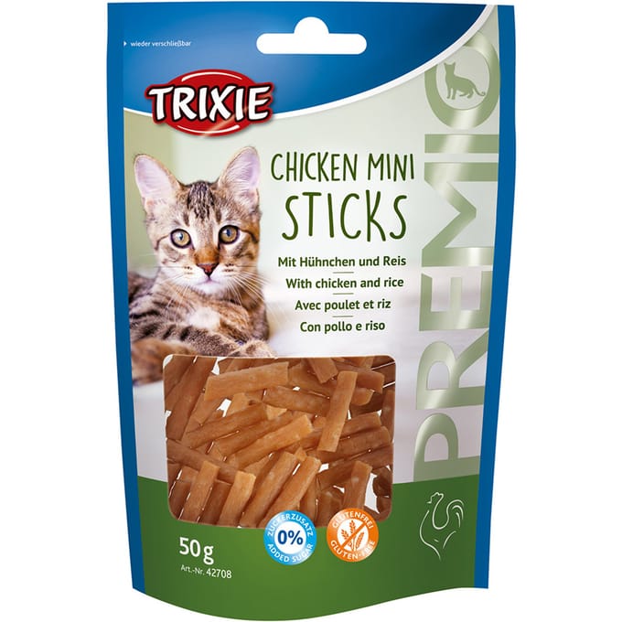 4x50g Trixie PREMIO Kip Mini Sticks Kattensnacks