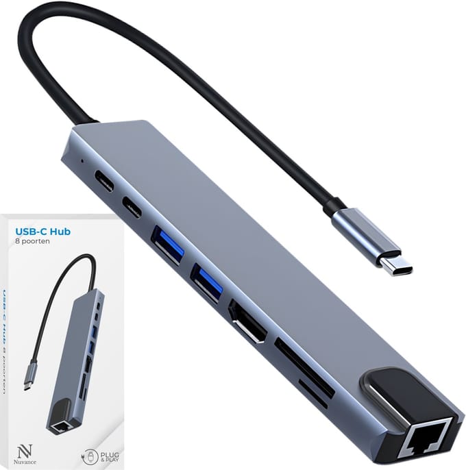 Nuvance - USB C Hub 3.0 – 8 Poorten - USB Splitter met Ethernet - USB C naar HDMI - USB Hub 3.0 - Docking Station Laptop - Micro SD Card Reader - HDMI 4K - Grijs