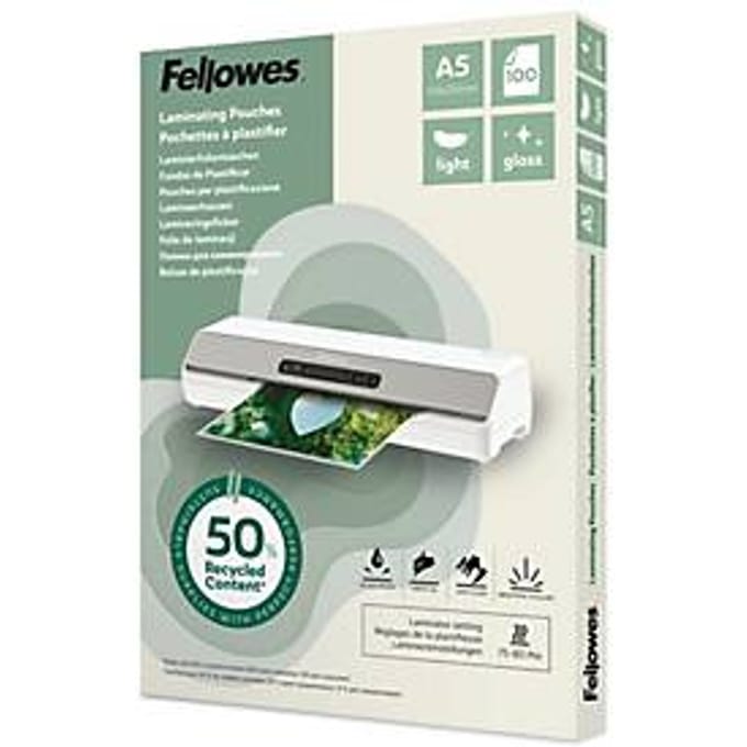 Fellowes® lamineerfolies, formaat A5, foliedikte 80 µ, gerecycled PET, transparant en glanzend, 100 stuks