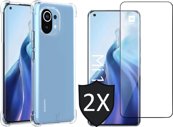 Hoesje geschikt voor Xiaomi Mi 11 - Transparant Shock Proof Case + 2x Screen Protector Glas Full