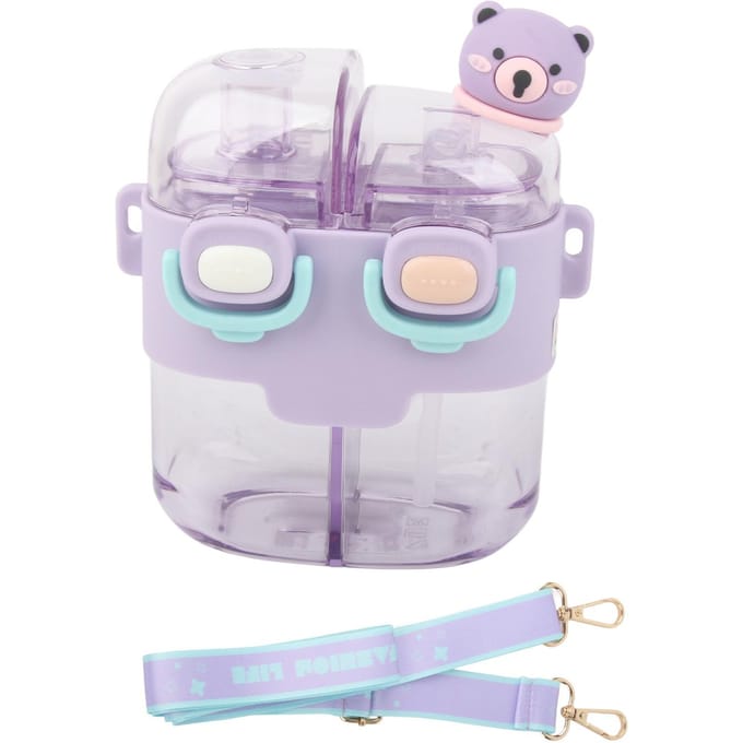 Bouteille d'eau Kawaii Mode Plastique Bouteille d'eau à double boisson avec paille Sangle réglable pour Lavender 530ml violet