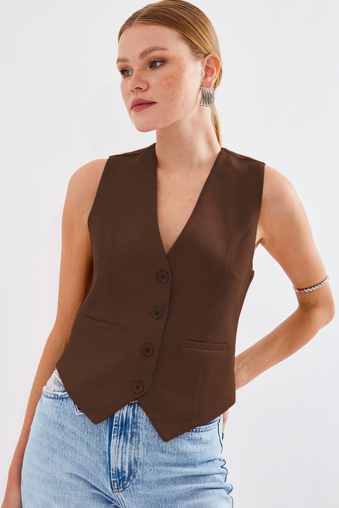 Fitted Buttoned V-hals Vest met Paspelzak