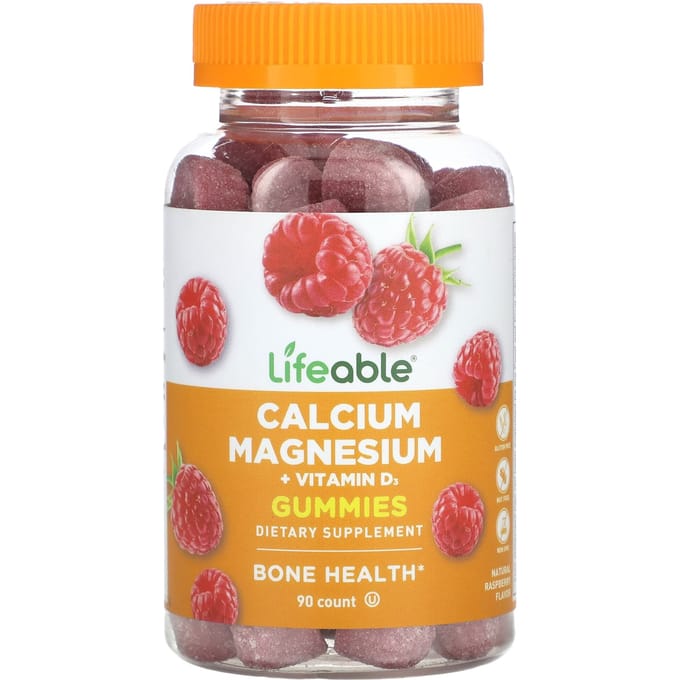 Lifeable, calcium magnesium + vitamine D3 gummies, natuurlijke frambozensmaak, 90 gummies