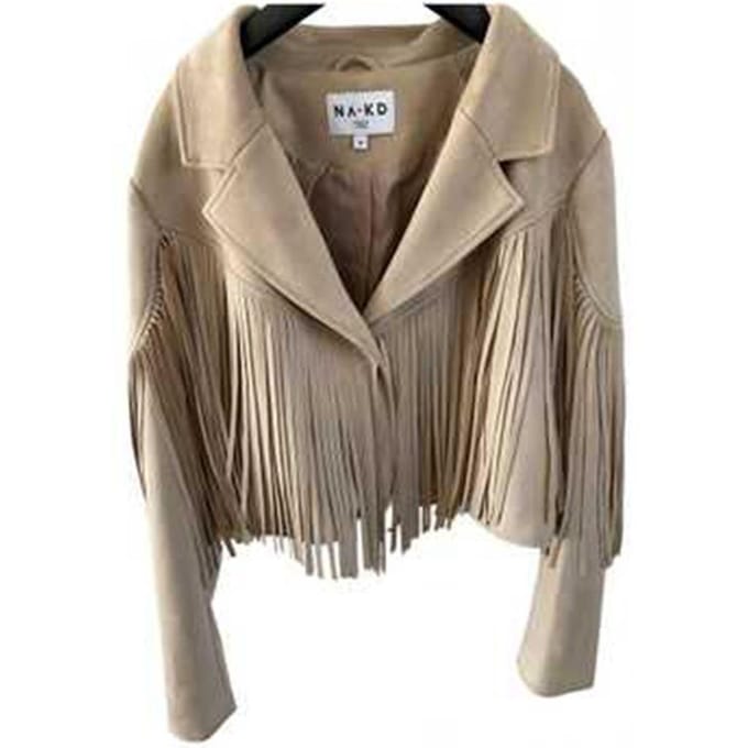 Korte Leren Jas met Lange Mouwen en Kwastjes Punk Mode Damesjas M beige