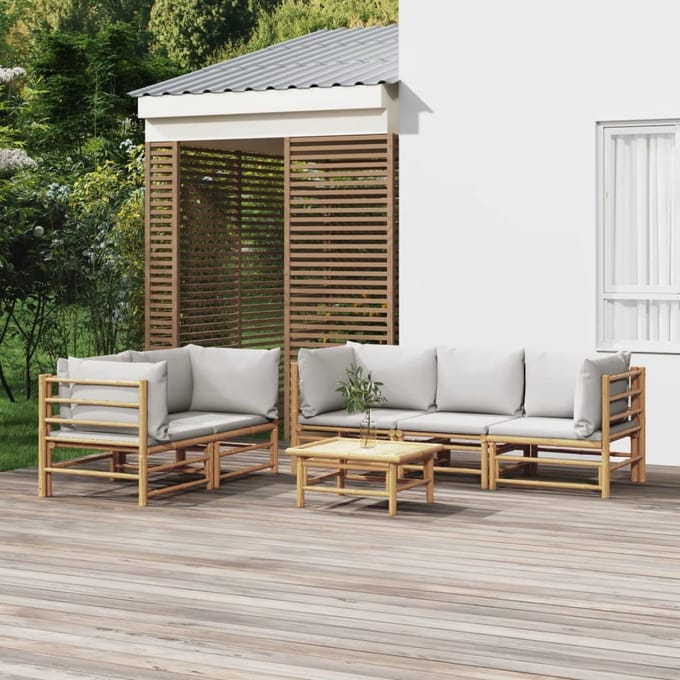 vidaXL - 6-delige - Loungeset - met - kussens - bamboe - lichtgrijs