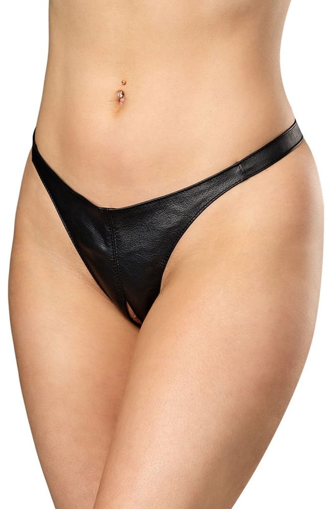 Rimba - Lederen Dames String met Open Kruis - Zwart S/M