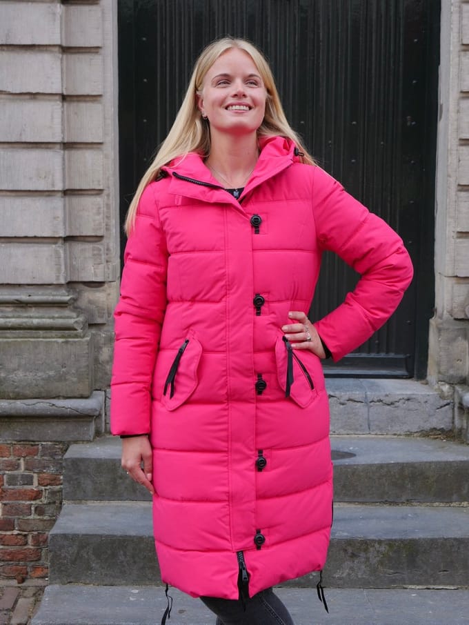 Lange dames winterjas - Gewatteerd en getailleerd - Roze - Maat 38