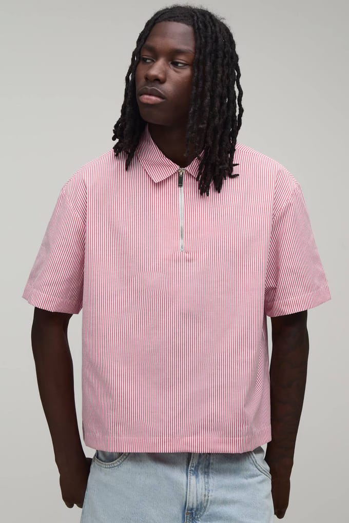 Oversized Boxy Gestreept Kwart Rits Overhemd | Red | Size Medium