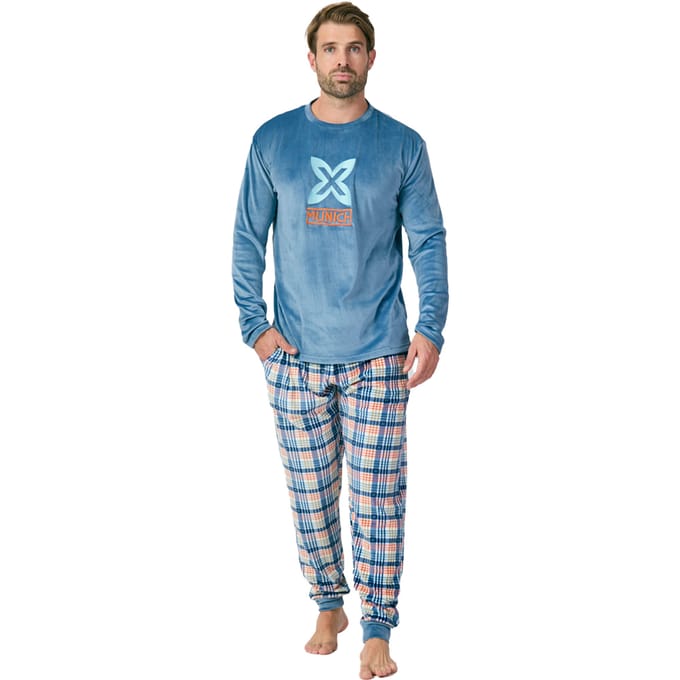 MU3 Herren-Pyjama aus Samt mit Rundhalsausschnitt und langen Ärmeln