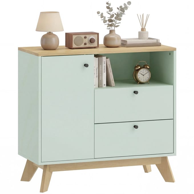 HOMCOM Dressoir - MDF - 80 x 35 x 76,3 cm - Lichtgroen en eikenhout