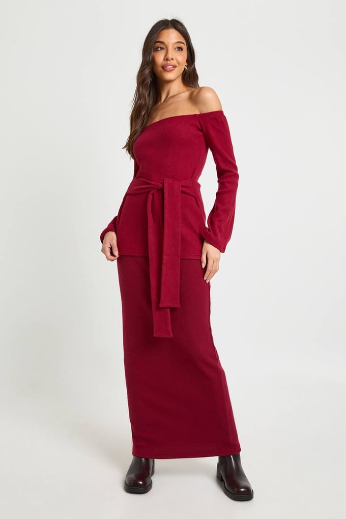 boohoo Dames Geborstelde Rib Bardot Strik Taille Lonline Top | Red | Maat: 12