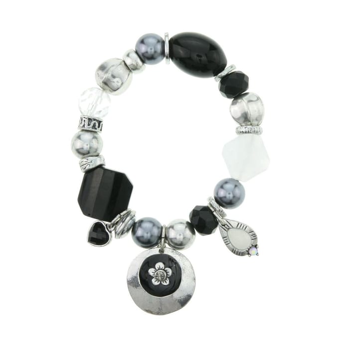 Behave - Bedelarmband elastisch zwart zilverkleur bloem - avondstijl