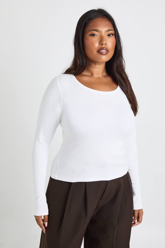 boohoo Dames Plus Basic Geribbelde Scoop-hals Longline Lange Mouwen Getailleerde Top | Wit | Maat: 44