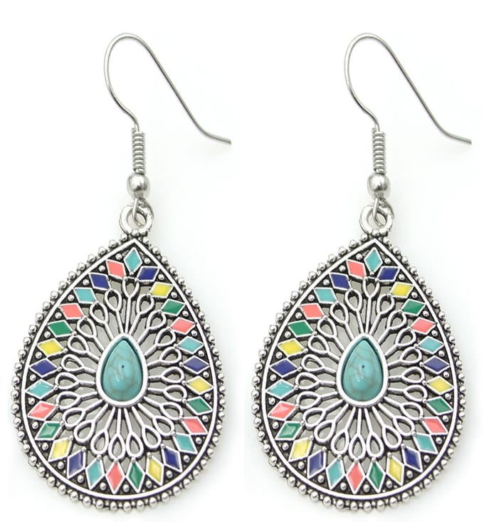 Dames oorbellen boho druppel metaal zilverkleurig multicolor turquoise steen lichtgewicht