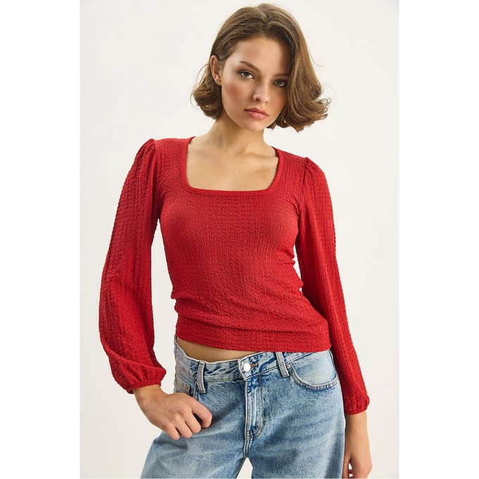 Slim Fit Vierkante Kraag Textuur Blouse